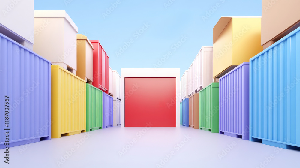 A vibrant scene of colorful shipping containers aligned in a row, leading to a prominent red door under a clear blue sky. A vibrant scene of colorful shipping containers aligned in a row, leading to a prominent red door under a clear blue sky.