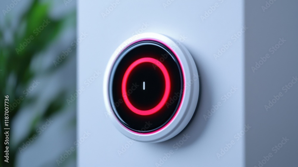 A sleek, modern smart thermostat with a glowing red ring, set against a minimalist background, highlighting its digital interface.