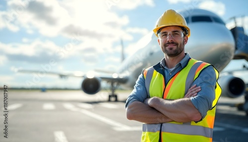 A safety-geared man stands confidently in front of a commercial airplane on a sunlit tarmac.

 photo