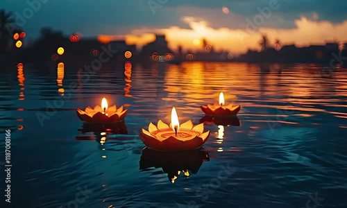 Floating lotus flower candles illuminating river at sunset
