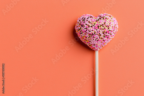 Heart shaped cake pop with pink and gold sprinkles on orange background