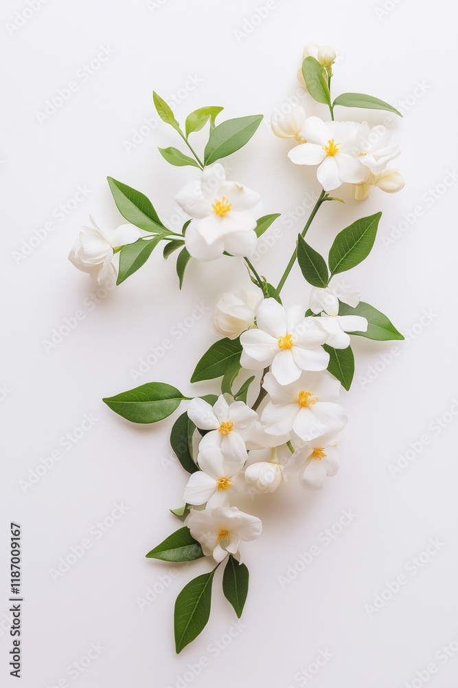 Obraz premium A white flower with green leaves is shown in a close up. The flower is surrounded by leaves and he is in full bloom. Concept of beauty and freshness, as the white flowers