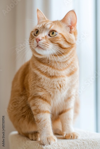 Wallpaper Mural A cat with a greenish-yellow eye is sitting on a white cushion. The cat is looking at the camera with a curious expression Torontodigital.ca