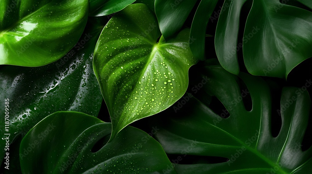 Close-up of Lush Green Tropical Leaves with Water Droplets Close-up of Lush Green Tropical Leaves with Water Droplets