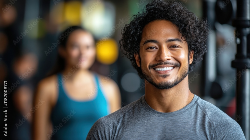 Smiling Young Man in Gym with Energetic Fitness Enthusiasts Nearby Smiling Young Man in Gym with Energetic Fitness Enthusiasts Nearby