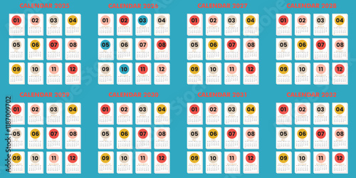 Minimalist eight-year calendar design from 2025 to 2032 with colorful circular month headers. Organization concept. Flat design.