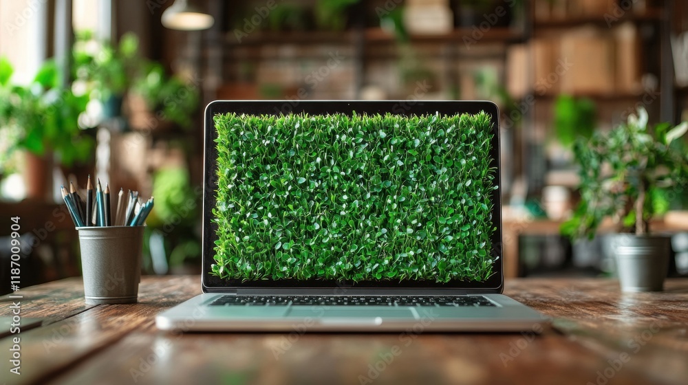 Laptop with Greenery Screen Display in Cozy Workspace Environment Laptop with Greenery Screen Display in Cozy Workspace Environment