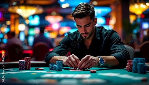 A confident poker player at a vibrant casino table, immersed in the game's tension.

 photo