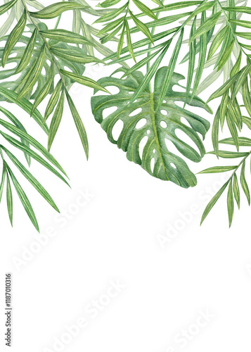 Watercolor tropical leaves vertical frame with copy space for text. Hand painted exotic monstera and palm green branches composition. Summer plants illustration for greeting cards, invitation