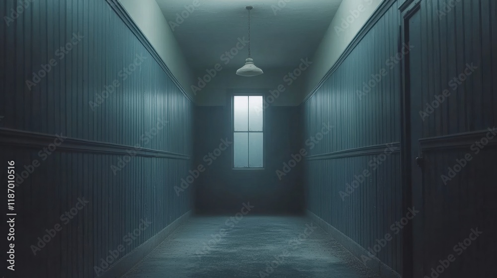 Dimly Lit Hallway with Shadows and Ambient Light Effects