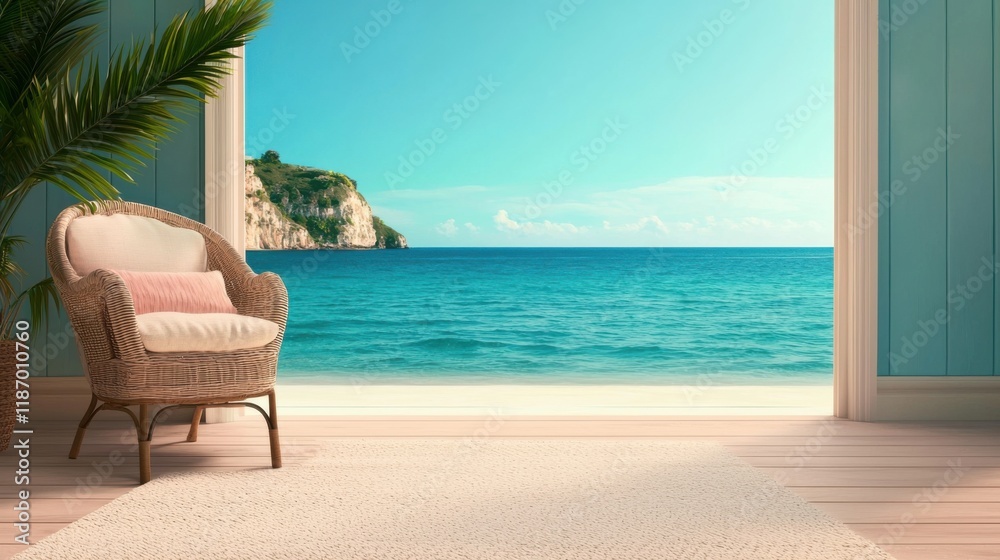 A serene coastal view through an open doorway, featuring a plush chair, vibrant ocean, and lush greenery. A serene coastal view through an open doorway, featuring a plush chair, vibrant ocean, and lush greenery.