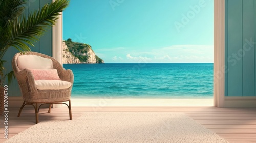 A serene coastal view through an open doorway, featuring a plush chair, vibrant ocean, and lush greenery.