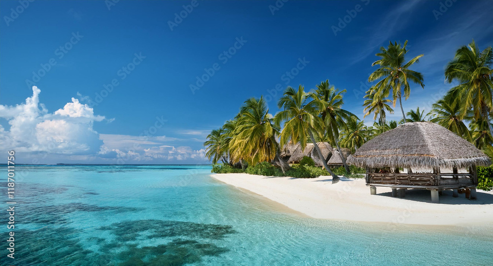Tropical Island Paradise with Crystal-Clear Waters, Swaying Palms, and Thatched Beach Huts