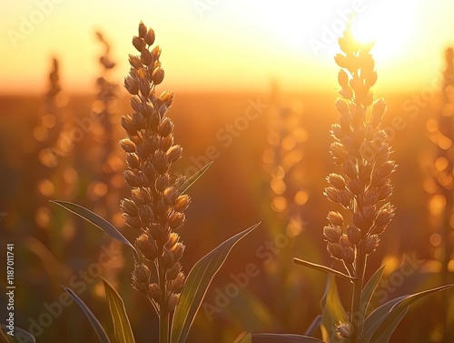 Sunset field, plants, golden hour, nature, agricultural landscape, rural scene, stock photo. photo