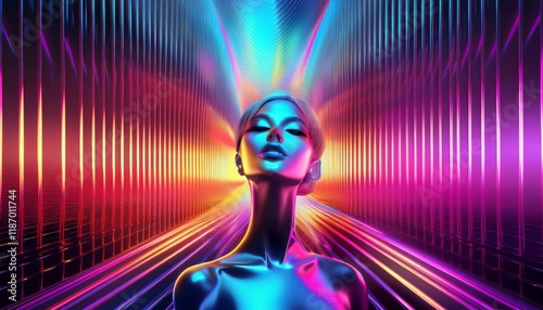 Metallic aesthetics background with ai woman, Modern Abstract Background with 3D Holographic Neon