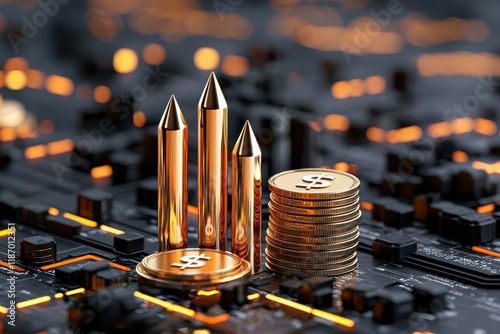 A stylized arrangement of golden bullets and coins sits atop a dark circuit board, blending themes of finance and technology. photo