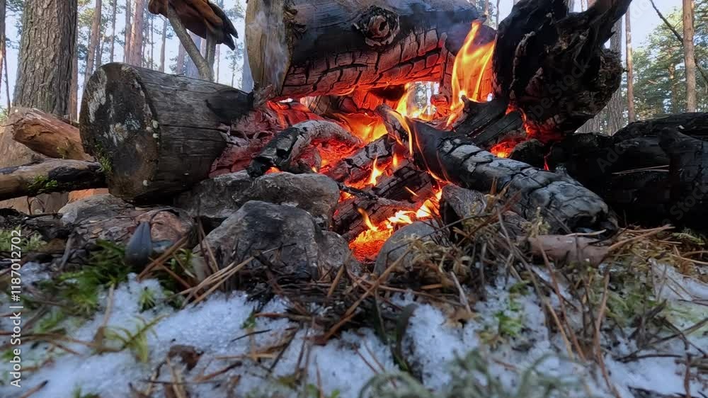 A fire burns in a winter forest A fire burns in a winter forest