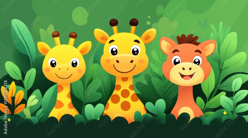 Naklejka premium Cute Cartoon Giraffes and Character Among Green Foliage Background