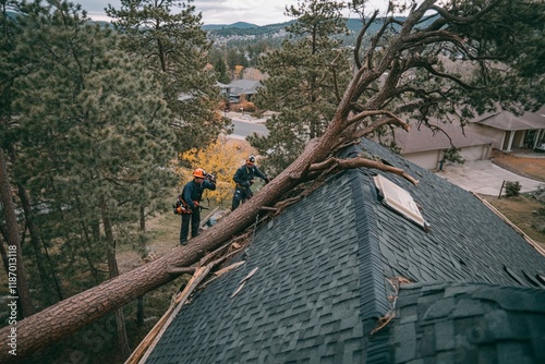 Tree removal experts address damage caused by fallen tree on residential roof