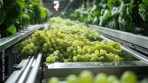 Green Grapes Conveyed Along A Modern Production Line