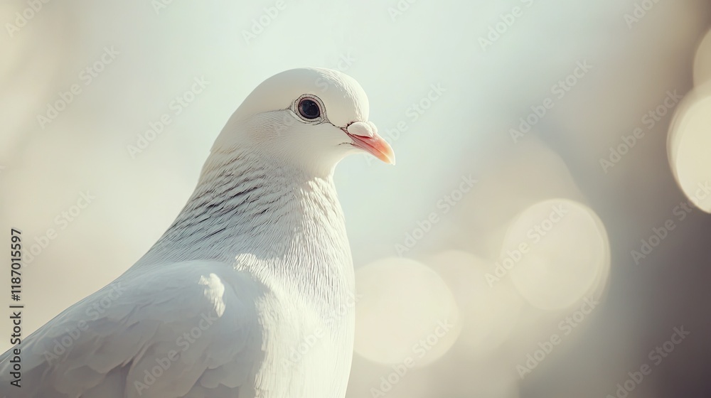 Naklejka premium White dove portrait, peaceful park background, serenity, nature photography.