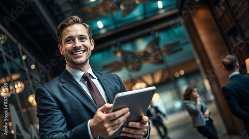 A smiling businessman in a suit holds a tablet in a modern office setting