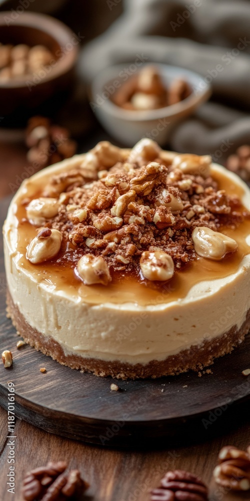 Cheesecake Delight with Caramelized Toppings and Nuts on Antique Plate, Cheesecake Aesthetic in Warm Tones Cheesecake Delight with Caramelized Toppings and Nuts on Antique Plate, Cheesecake Aesthetic in Warm Tones