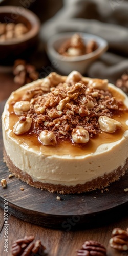 Cheesecake Delight with Caramelized Toppings and Nuts on Antique Plate, Cheesecake Aesthetic in Warm Tones photo