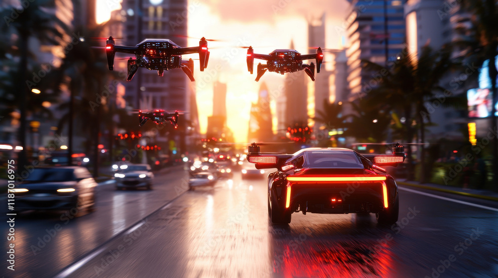 Naklejka premium Cinematic depiction of AI powered drones flying over futuristic cityscape at sunset, with sleek car driving on busy road. scene captures blend of technology and urban life