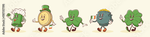 Groovy Saint Patrick Day Retro Characters Illustrations Set. Cartoon Green Ale Beer Tankard Glass, Shamrock, Cauldron Pot and gold Coins Walking Smiling Vector Irish Spring Holiday Mascot Templates