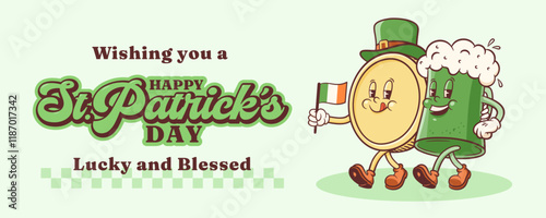 Saint Patrick Day Groovy Beer Tankard and Coin Retro Characters Banner. Cartoon green Ale Mugs Walking and Smiling. Vector Irish Spring Holiday Mascot Template. Happy Vintage Illustration. Isolated