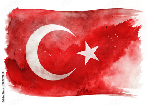 Turkish flag design, watercolor style, vibrant red background, crescent moon and star, artistic representation.