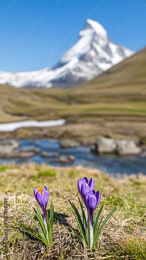 Fototapeta premium Spring Crocus Blossoms Mountain Landscape Scenic View