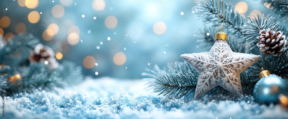 Festive winter scene with snow, pine branches, star ornament, and bokeh lights. Festive winter scene with snow, pine branches, star ornament, and bokeh lights.