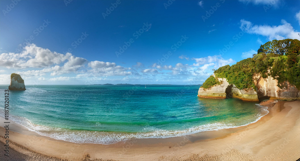 Panoramic View of Cathedral Cove Beach in Summer – A Coastal Paradise Panoramic View of Cathedral Cove Beach in Summer – A Coastal Paradise