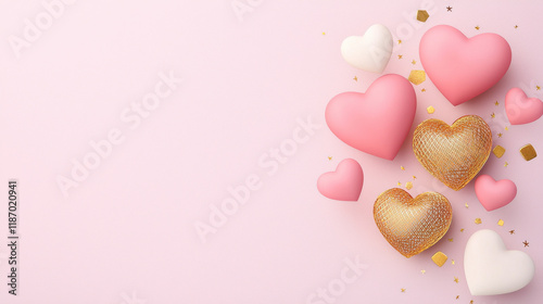 Pink and gold hearts on pastel background create romantic vibe