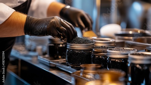 Gloved Chef Hands Carefully Placing Black Caviar Into Jars photo