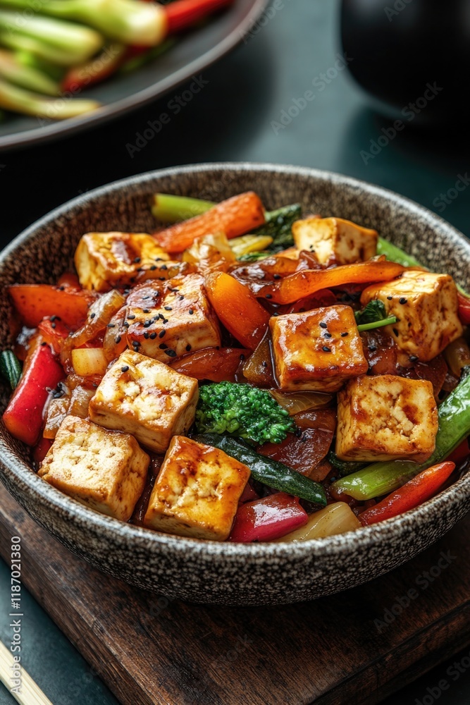 dynamic presentation of stir-fried tofu and vegetables served in rustic bowl with bold colors and textures leaving dynamic presentation of stir-fried tofu and vegetables served in rustic bowl with bold colors and textures leaving
