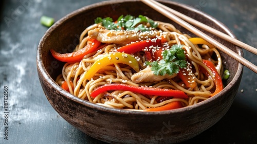 dynamic shot of stir-fried noodles with chicken bell peppers and sesame seeds served in rustic bowl with chopsticks