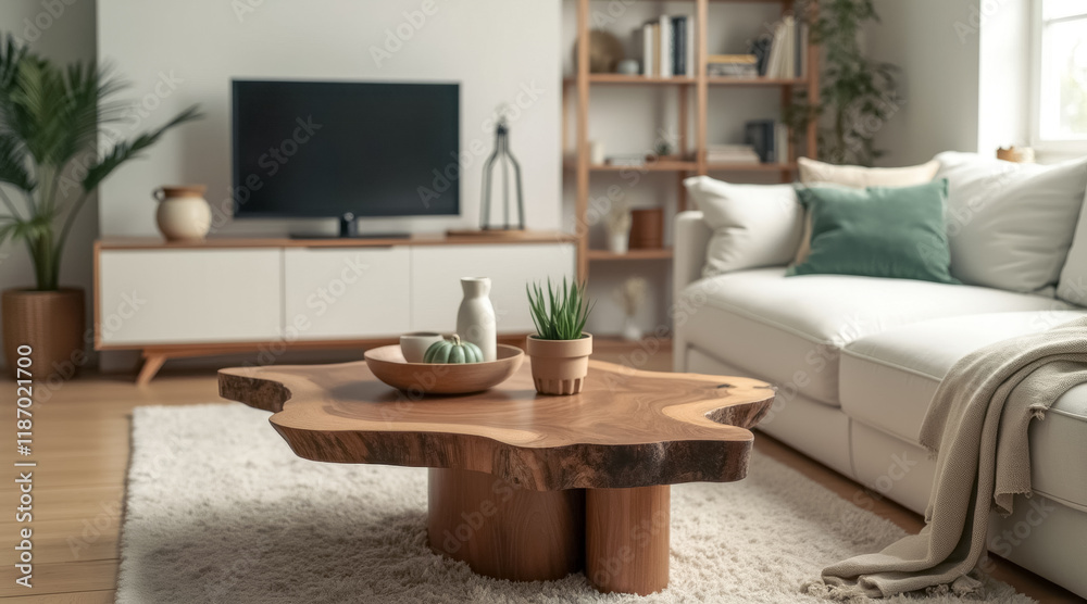 Fototapeta premium live edge wooden coffee table a modern living room