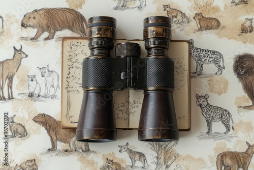 flat lay of pair of binoculars and wildlife journal surrounded by small sketches of australian animals photo