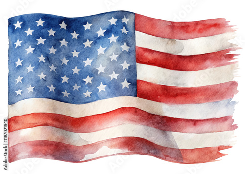 Watercolor American flag, patriotic colors, flowing design, artistic representation, national pride, decorative element.