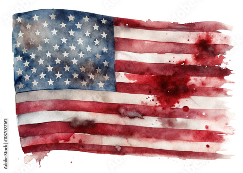 Watercolor American flag, vibrant colors, patriotic design, artistic representation, textured background, abstract style.