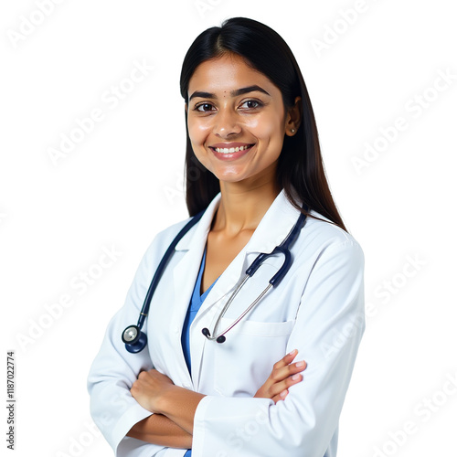 Indian female doctor close-up portrait smiling confidently, friendly healthcare professional on transparent background, medical worker headshot with stethoscope, isolated physician image for design