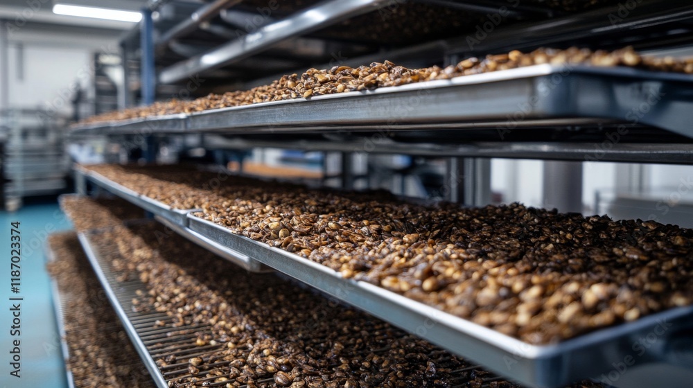 Roasted Insect Snacks Drying On Industrial Trays Roasted Insect Snacks Drying On Industrial Trays