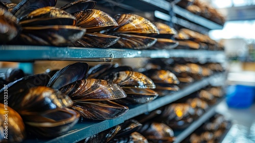 Mussels drying on tiered shelving units photo