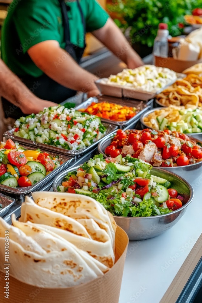 Obraz premium Vista aérea de un restaurante de comida rápida y casual con ensaladas frescas y opciones saludables