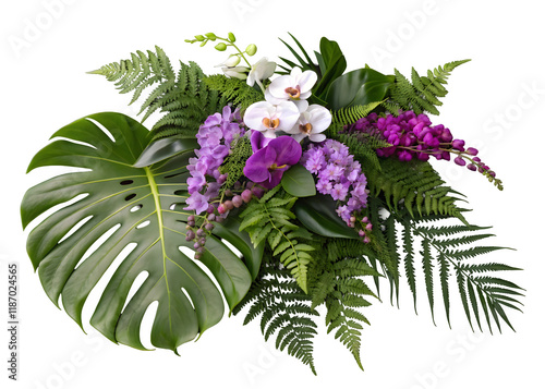 Tropical vibes plant bush floral arrangement with tropical leaves Monstera and fern and Vanda orchids tropical flower decor on tree branch liana vine plant isolated on white background