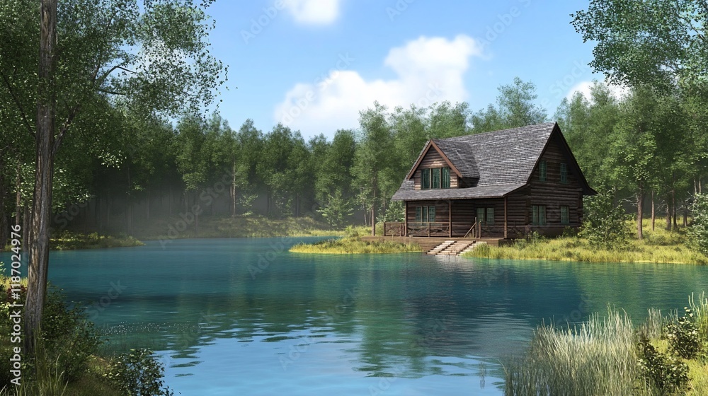 Fototapeta premium Lakeside log cabin nestled in tranquil forest.
