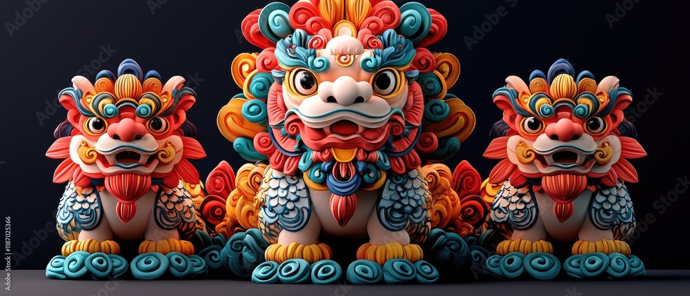 . Three colorful Nian statues on a dark background, ideal for cultural projects. . Three colorful Nian statues on a dark background, ideal for cultural projects.